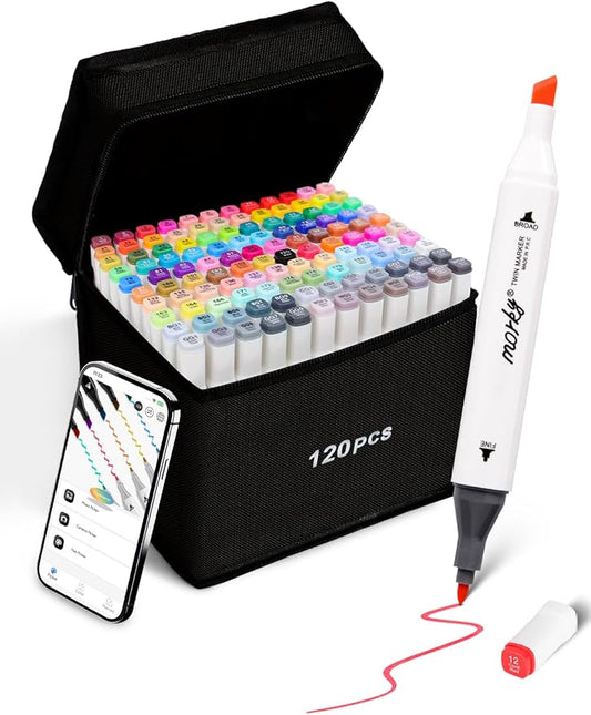 120 Colors Alcohol Markers with Free App, Chisel & Fine Tip Alcohol-Based Marker Set for Adults Kids, Dual Tip Artist Markers for Drawing, Coloring Illustration, Painting and Great Gift Idea