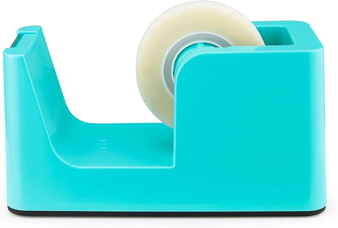 ABEL SimpleWork Desktop Tape Dispenser, Aqua, 1 in Core, Non-Skid Weighted Base, Tape Cutter for Office, Home, School, and Crafts