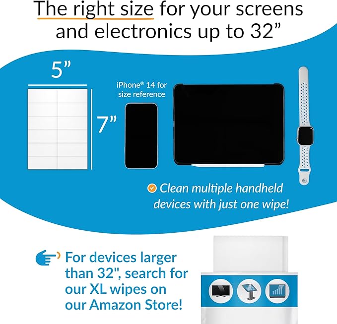 iCloth Large Screen Cleaning Wipes for Electronics, Lint-Free and Streak-Free, Fast-Drying, Removes Dust, Fingerprints, and Smudges (100 Wipes)