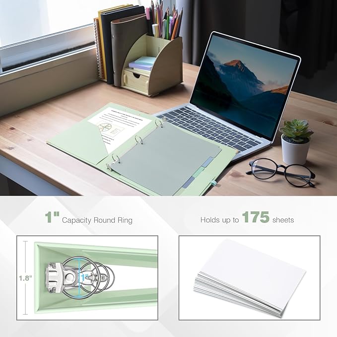 Ospelelf Binder 3 Ring 1 Inch, Green Plain Round Ring Clipboard Binder for Letter Size Paper with 5 Tab Dividers, for School and Office Essential Supplies