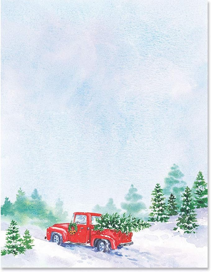PaperDirect Vintage Holiday Cheer Border Paper, Snowy Hills with Pine Trees and Red Truck Carrying Christmas Tree, 8.5 x 11, Acid-Free, Ideal for Holiday Invitations, Cards, 100 Sheets