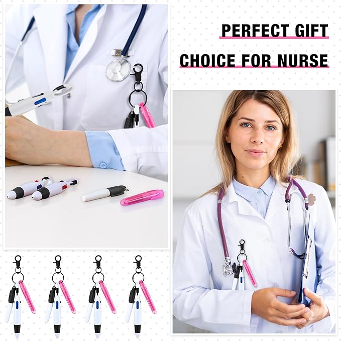 Sherr 25 Sets Retractable Nurse Pens with Mini Highlighter Permanent Marker Keychain Clip Badge Reel Pen Accessories for Nursing Students Medical Staff Office Stocking Stuffer Gift(Black Pink)