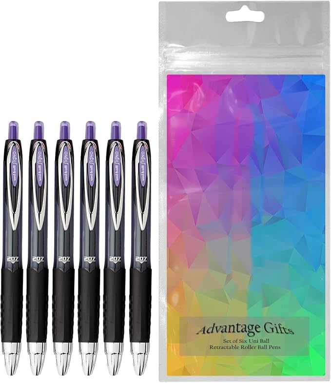 Signo 207 Roller Ball Retractable Gel Pens, Medium Point (0.7mm), Purple Ink, 6 Count, Bundle with Plastic Reusable Pouch