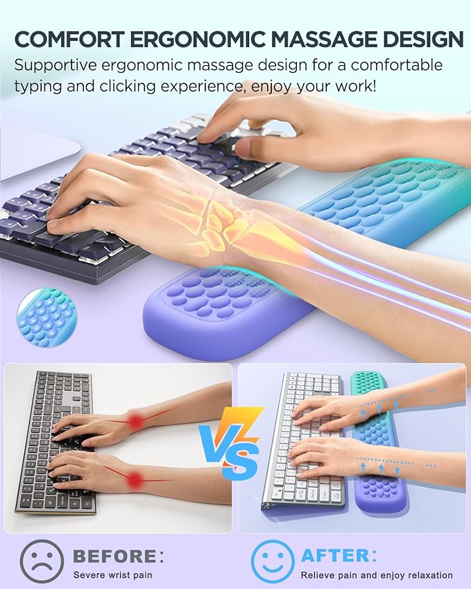 Lekvey Keyboard Wrist Rest, Silky Memory Foam Wrist Rest for Computer Keyboard, Mouse, Ergonomic Massage Design for Typing Pain Relief, Desk Pads Support Hand and Arm, Stain Resistant, Green Purple