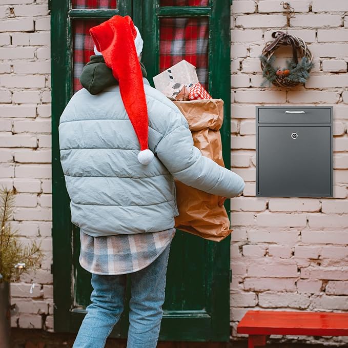 Locking Mailbox with Key for Outdoor 12 x 10.5 x 4.7 Inches Large Wall Mount Mail Box with Lock Security Mail Drop Metal Collection Boxes Hanging Secure Postbox(Dark Gray)