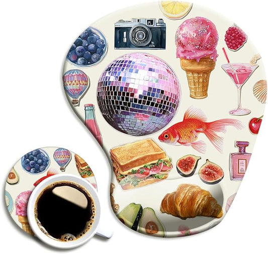 Ergonomic Mouse Pad with Wrist Support,Mouse Pad with Wrist Rest and Coaster Set,Office Supplies Non-Slip Mouse Pads for Desk, Non-Slip Comfortable,Pink Stickers