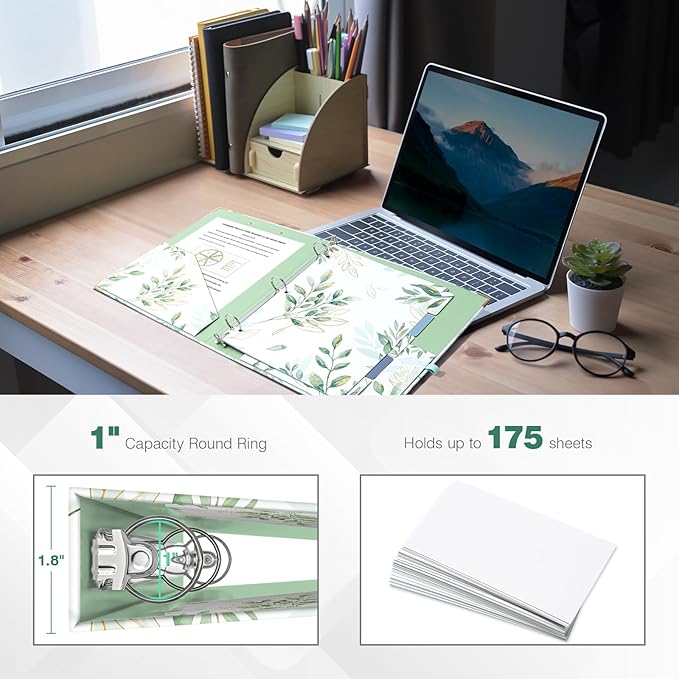 Ospelelf Binder 3 Ring 1 Inch, Green Floral Round Ring Clipboard Binder for Letter Size Paper with 5 Tab Dividers, for School and Office Supplies
