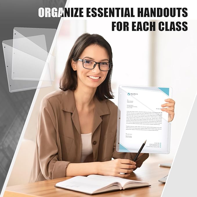 Seajan 48 Pcs Pocket Folders for 3 Ring Binder Clear Plastic Folders Sleeves with 2 Pockets 3 Hole Punch Binder Dividers Poly Slash File Jackets for Office School Document Organizer (White)