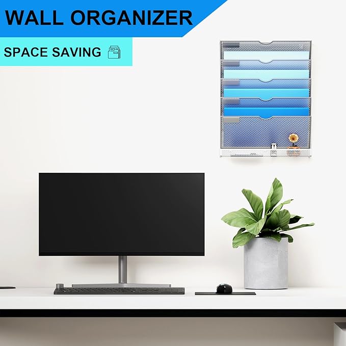 Hanging Wall File Organizer 6 Tier Wall Mounted File Holder Document Wall Organizer Magazine Organization for Office Home, Silver