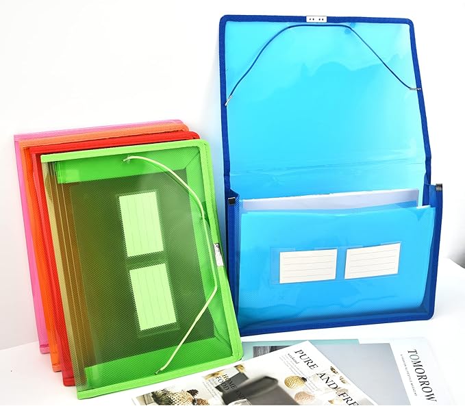 Expanding File Folder Document Organizer r with Flap and Cord Closure, Waterproof Transparent Document Bag, 2.8" Expansion, Letter A4 Expandable File Folder for Home School Office Organization，5 Pack