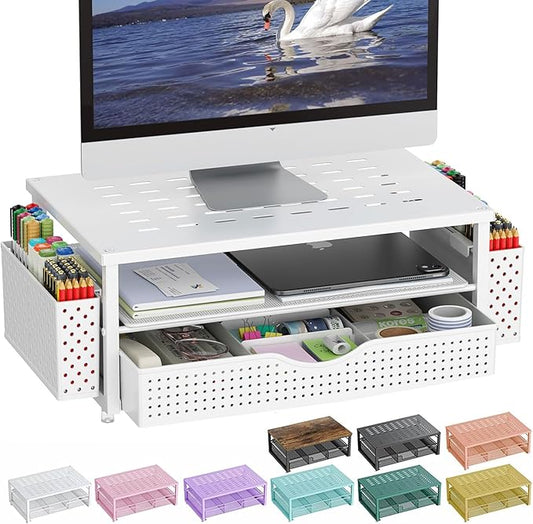 gianotter Desk Organizers and Accessories, Monitor Stand with Drawer and 2 Pen Holder, Desktop Organizer Suitable for Offices and Dormitories (White)