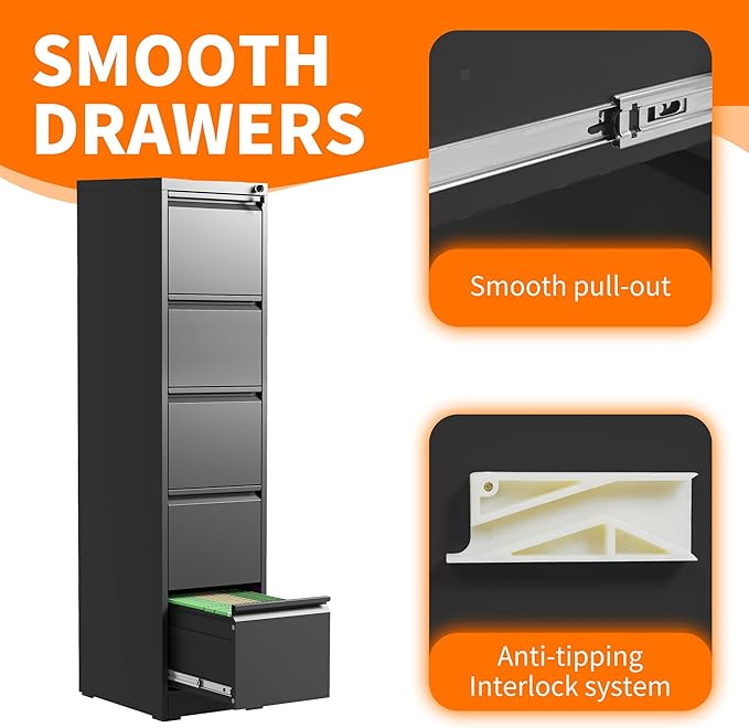 5 Drawer Metal File Cabinet Heavy Duty Locking File Cabinets Home Office Steel Filing Cabinet Vertical File Cabinets for Legal/Letter Size File,Assembly Required