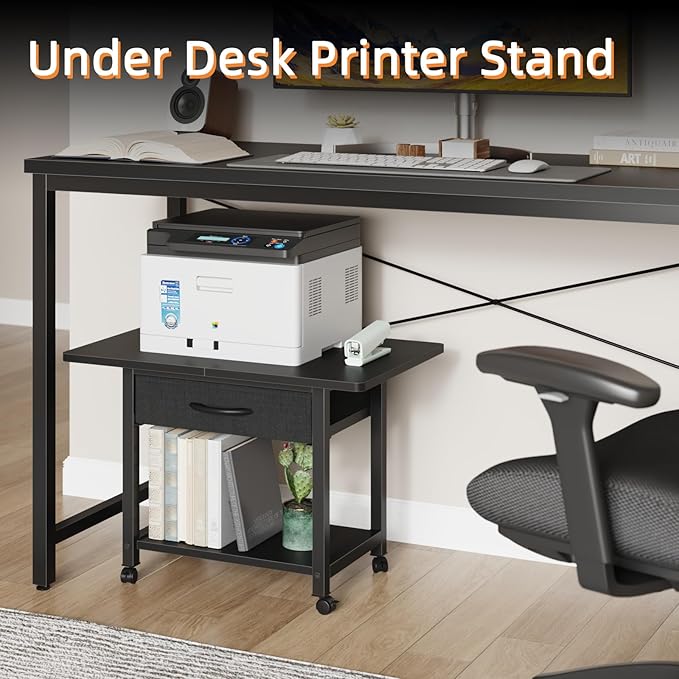 22"x15" Large Printer Stand with Storage Drawer, 2-Tier Under Desk Printer Table for Home Office, Printer Cart fit Fax Machine/3D Printer/Scanner(Black)