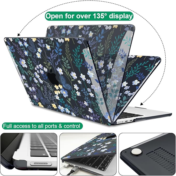for MacBook Air 13.6 inch Case 2025 2024 2023 2022 Release Model A3240 M4 A3113 M3 A2681 M2, Printed Pattern Plastic Hard Shell for 2025 Mac Air 13.6 M4 Cover, Meadow Wildflower Black