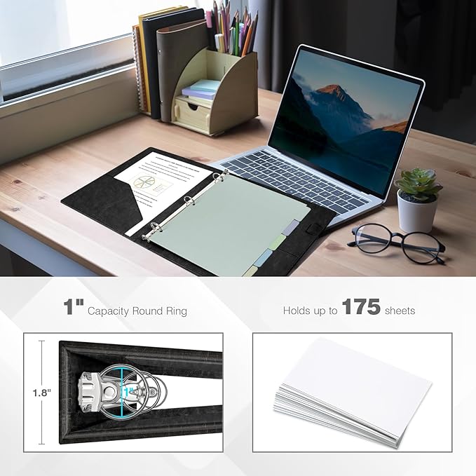 Ospelelf 3 Ring Clipboard Binder 1 Inch Leather for Letter Size (8.5" x 11"), Clipboard Binder with 5 Tab Dividers, Black