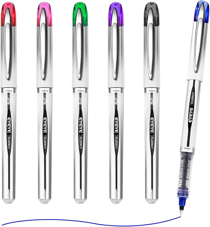 EYEYE Liquid Ink Rollerball Pen 0.7mm, 6 Assorted Colors Medium Point Pen Quick Dry, Liquid Ink Pens Fine Point Smooth Writing Pens for Journaling, Note Taking, Office, School Supplies