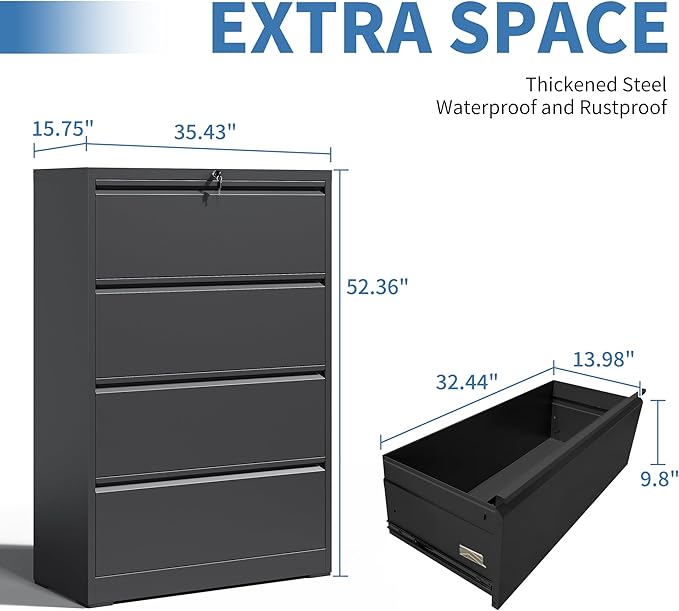 File Cabinets 4 Drawer,Metal Office Storage Filing Cabinet with Lock,Black Lateral Filing Cabinet for Home Office,Horizontal Locking File Cabinets for Legal/Letter/A4,Assembly Require,Black