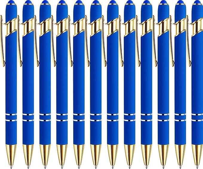 LINFANC 12 Pack Blue Gold Ballpoint Pen with Stylus Tip, 1.0 mm Black Ink Smooth Writing Pens, Metal Stylus Pens for Touch Screens