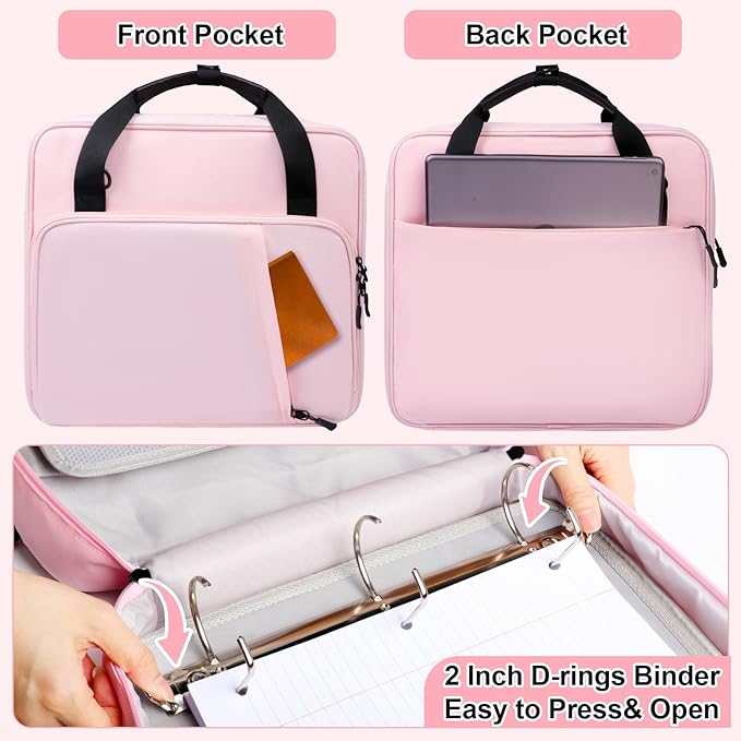 3 D-Ring Zipper Binder 2 Inch with Shoulder Strap, Waterproof Oxford Binder with Zipper Storage 500 Sheets Capacity, Multi-Pockets Organizer Bag for 13 Inch Laptop School& Office (Pink)