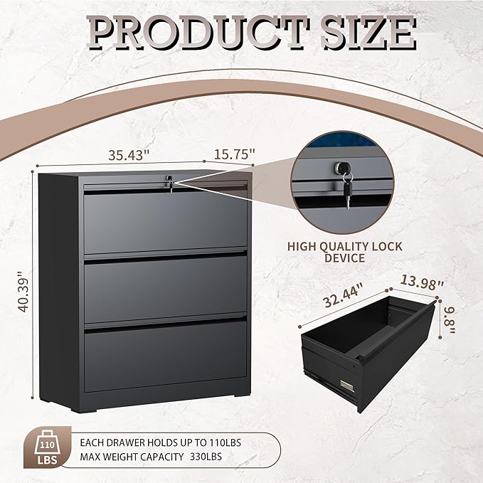 3 Drawer Lateral File Cabinet with Lock, Metal File Cabinet, Lateral File Cabinets for Home Office, Heavy Duty File Storage Cabinet for Legal/Letter/A4 Document, Assembly Required, Black