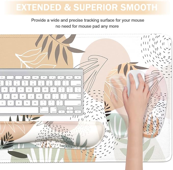 Keyboard Wrist Rest Large Mouse Pad Wrist Support for Computer, 4 in 1 Memory Foam Keyboard Pad Desk Mat Ergonomic Hand Rest Wrist Cushion for Home Office Gaming - Minimalist Plant