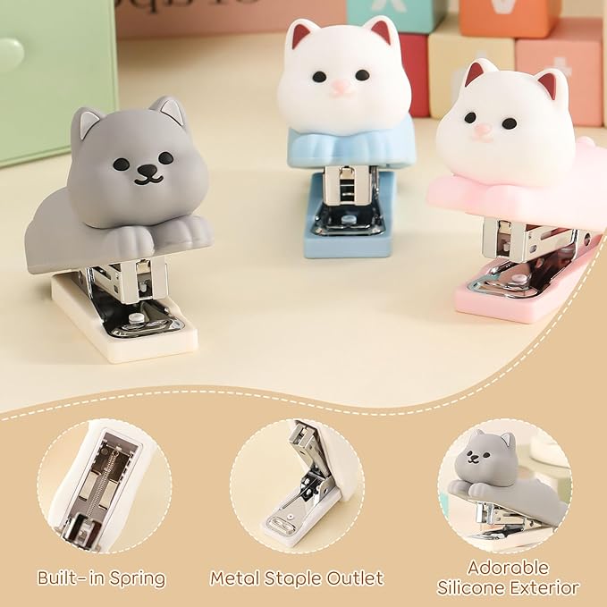 Honagu Mini Cute Animal Stapler with Staples, Cartoon Stereoscopic Silicone (PVC) Stapler, Labor-Saving Office Supplies for Students Kids (Gray Puppy)