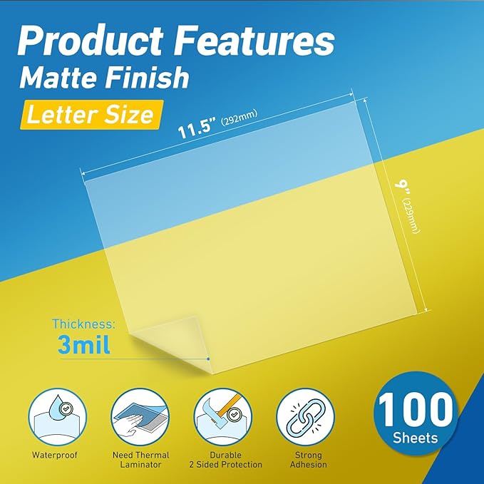 Uinkit Matte Thermal Laminating Pouches 9 x 11.5 Inches 3 Mil Thick Matte Finish 100 Sheets Large Package Fitted for Letter Size Laminating Sheets 8.5 x 11