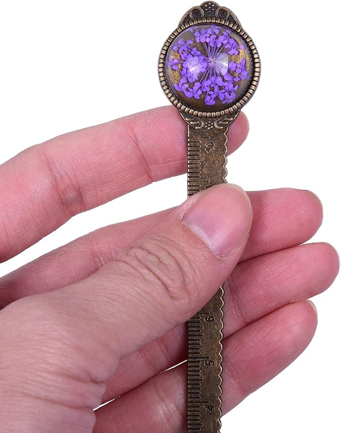 Wisdompro 2 Pcs Metal Bookmark, Retro Vintage Bronze Book Mark Ruler with Dried Flower, Packaged in a Gift Box - an Ideal Gift for Kids, Students, Teachers, Book Lovers - Blue & Purple