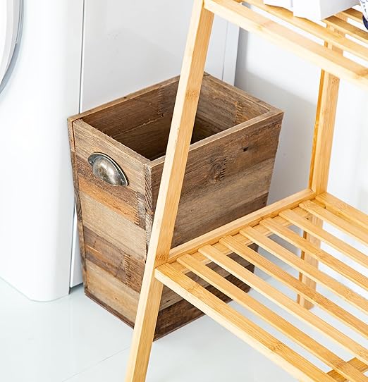 Small Wood Trash Can, Farmhouse Rectangular Garbage Can Waste Basket, Rustic Distressed Reclaimed Wood Wastebasket, Vintage Wooden Trash Recycling Bin Storage Basket with Metal Handles (Natural)