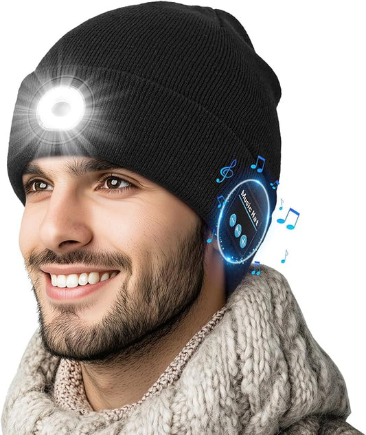 Bluetooth Beanie with Light, Headlamp Hat with Headphones and Built-in Speaker Mic, Unique Christmas Gifts for Men Husband