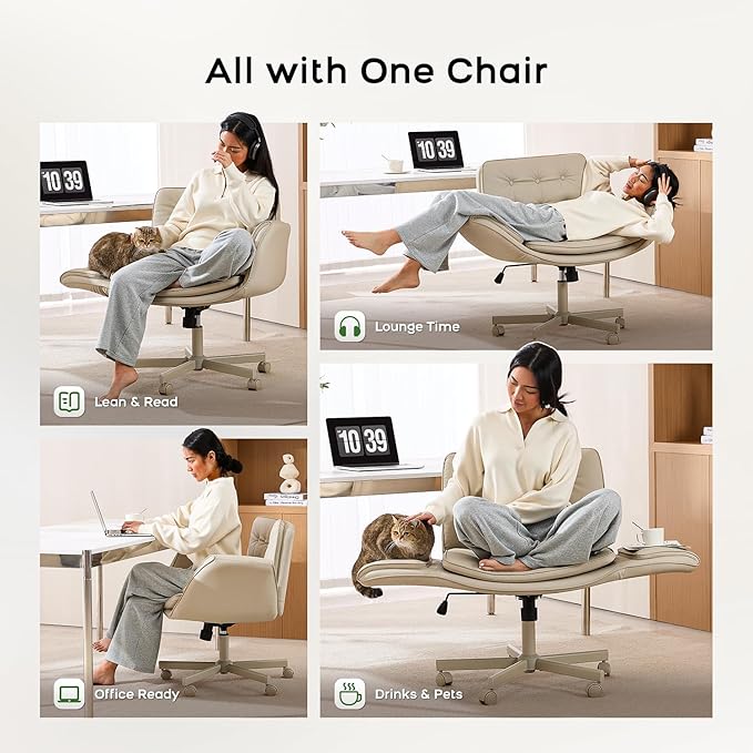 Criss Cross Chair with Armrests & Wheels, PU Leather Vanity Chair, Comfortable Adjustable Swivel Computer Office Desk Chairs for Home, Make Up, Bed Room (Cream White)