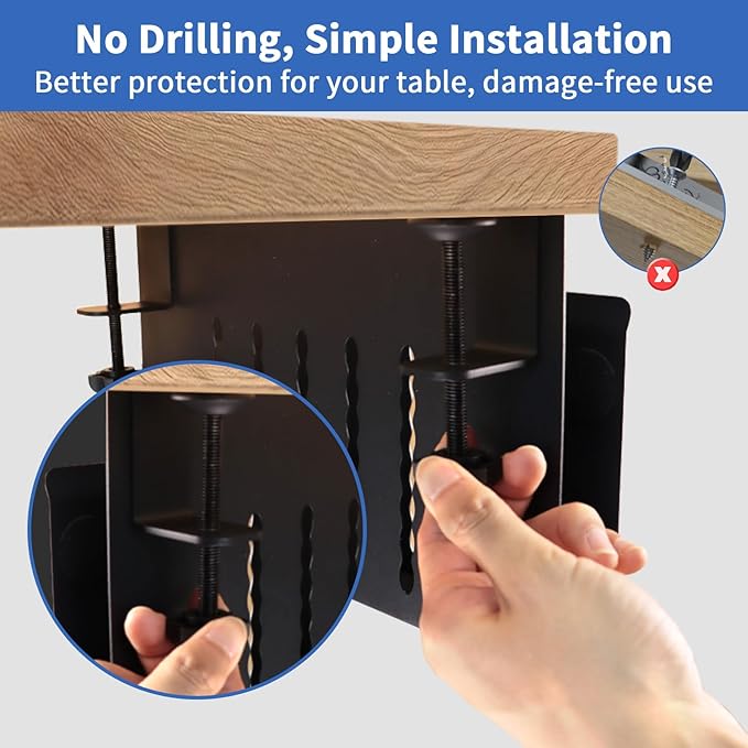 LUKETURE Desk Side Storage, Steel Side Desk Organizer, No Drill Laptop Holder, Clamp on Laptop Mount with Pen Holder, Table Hanging Storage for Home Office, Fits Flat Edge Tables 0.3" to 2.8"