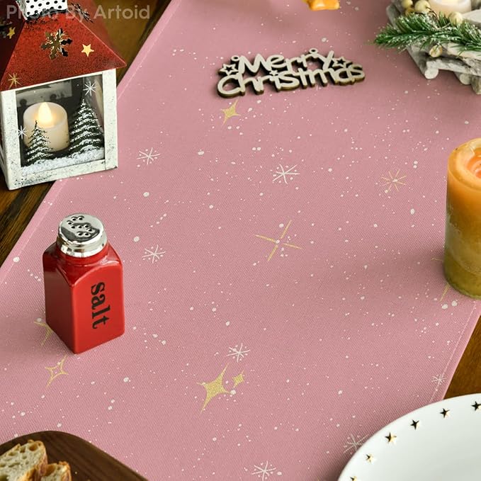 Artoid Mode Xmas Trees Merry Christmas Table Runner, Seasonal Winter Pink Kitchen Dining Table Decoration for Home Party Decor 13x72 Inch