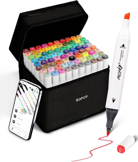 80 Colors Alcohol Markers with Free App, Chisel & Fine Tip Alcohol-Based Marker Set for Adults Kids, Dual Tip Artist Markers for Drawing, Coloring Illustration, Painting and Great Gift Idea