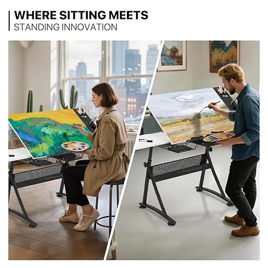 MoNiBloom Art Deco Drafting Table, Height-Adjustable, Tiltable Tabletop, Stool for Reading Writing Painting, Homeschooling Desk for Children with 2 Storage Drawers