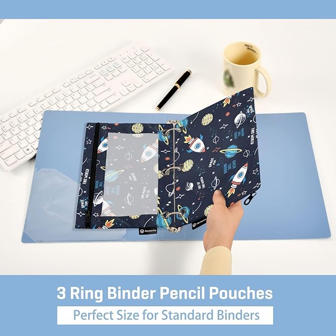 Space Rocket Planet Pencil Pouch for 3 Ring Binder, 2 Pack Waterproof Pencil Bags Clear Window Zipper School Office Supplies