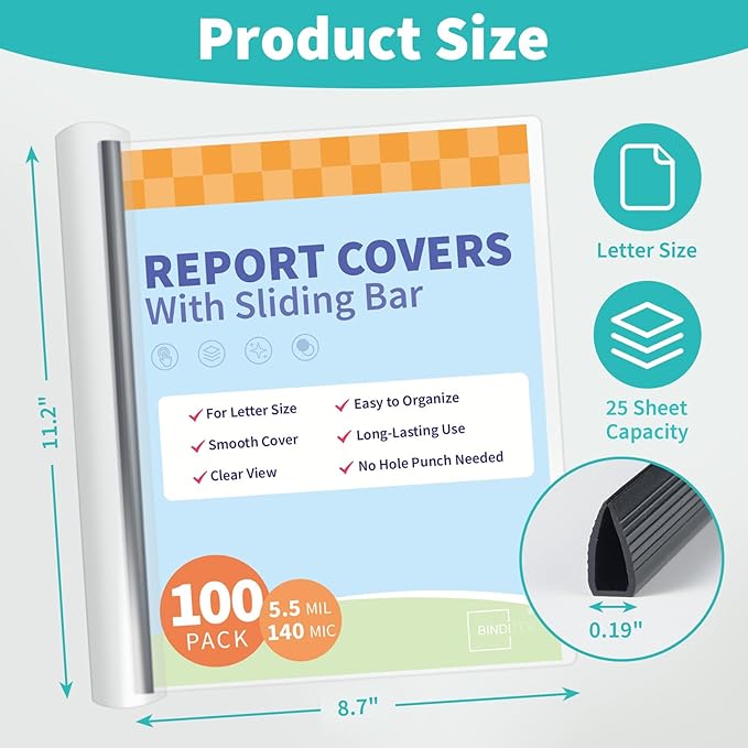 Binditek 100 Pack Clear Report Covers with Sliding Bars, 25 Sheet Capacity, 5mm Binding Bars, Letter Size, 5.5 Mil Thick, Black, for Students and Coworkers