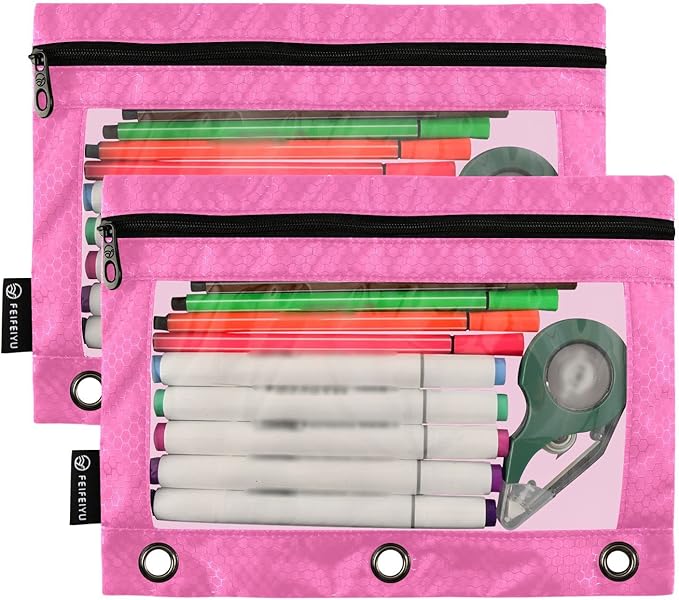 Gredecor Binder Pencil Pouch 3 Ring Hot Pink Zipper Pencil Pouches Case 2 Pack Clear Binder Organizer for School Office
