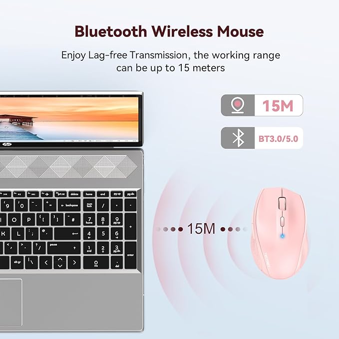 TECKNET Bluetooth Mouse, 4800 DPI Wireless Mouse, 2-Year Battery 6 Adjustable DPI, 6 Buttons Compatible with Laptop/Windows/Computer - Pink