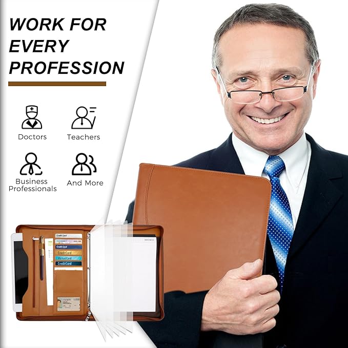 Padfolio Portfolio Folder Binder-Organizer Planner Notebook Zippered Portfolio Padfolio for Women & Men with Document Sleeve,Letter/A4 Size Clipboard,Business Card Holders (Brown-3)