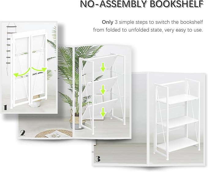 4NM No Assembly Folding Bookshelf Storage Shelves 3 Tiers Vintage Bookcase Standing Racks Study Organizer Home Office (All White)