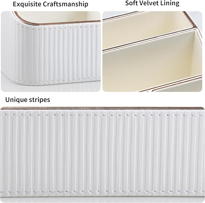 Remote Control Holder with 4 Compartments, PU Leather Small Nightstand Organizer for Home Desk Accessories Office Supplies, Multifunctional Stylish Small Bedside Desktop Organizers (White)