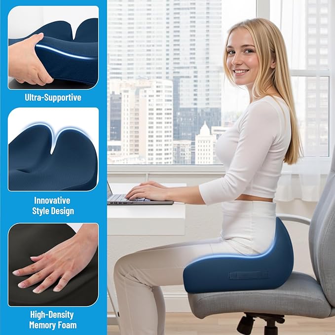Seat Cushion, Memory Foam Office Chair Cushions, Ergonomic Curved Design for Sciatica, Tailbone, Coccyx, Seat Support for Car, Desk Chair, Wheelchair, Enhances Long Sitting Comfort (Blue)