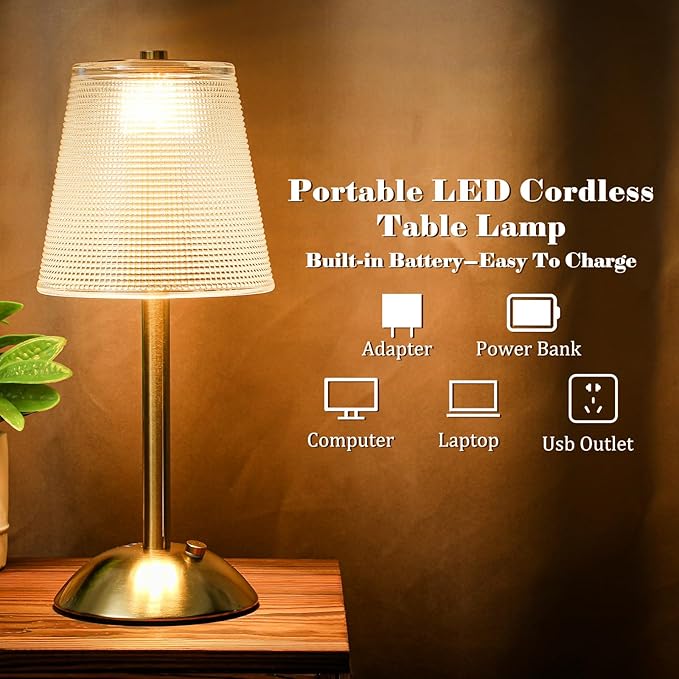 Liliful 2 Pcs LED Portable Cordless Table Lamp Touch Battery Operated Rechargeable Gold Desk Lamp 3 Color Dimmable for Bedroom Living Room Dining (Gold,Retro Style)