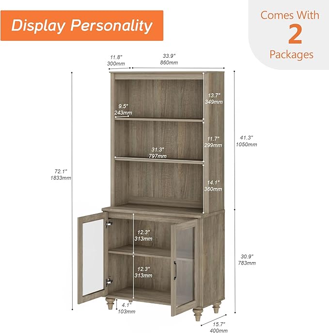 WAMPAT 5 Tier Farmhouse Bookshelf 72" Tall Bookcase with Glass Doors, Large Display Book Shelf with Adjustable Shelves and Storage Cabinet, Wood Bookshelves for Living Room & Study Room, Wash Grey