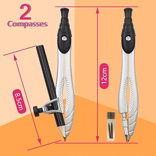 Professional Geometry Compass Set, Starter Compass Set Includes 2 Drafting Compasses, Protractor, 2 Set Squares, Ruler in Storage Box, Back-to-School Math Supplies for Students, Black