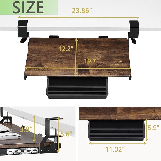 ETHU Keyboard Tray Under Desk, 19.7" X 12.2" Small Size C Clamp Keyboard Drawer Under Desk, Computer Keyboard Stand Slide Pull Out, Ergonomic Keyboard Tray for Home, Office (Wood)