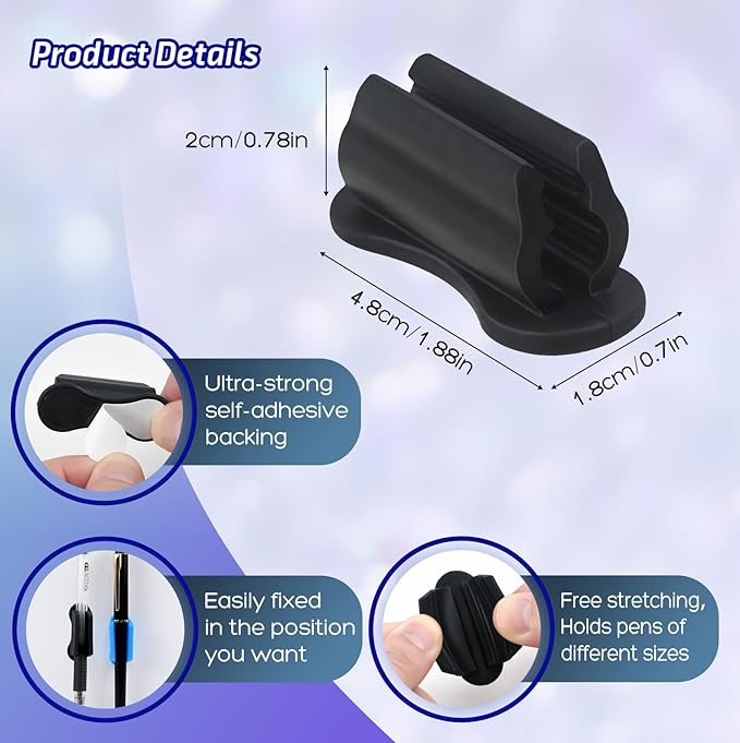 SameTech 20 Pack Adhesive Silicone Pen Holder Pencil Grips-Reusable Sticky Pencil Grips for Desk,Notebook,or Wall,Ergonomic Writing Aid for Kids&Adults,(Fits Pens,Pencils,Tools (black, 20pcs)