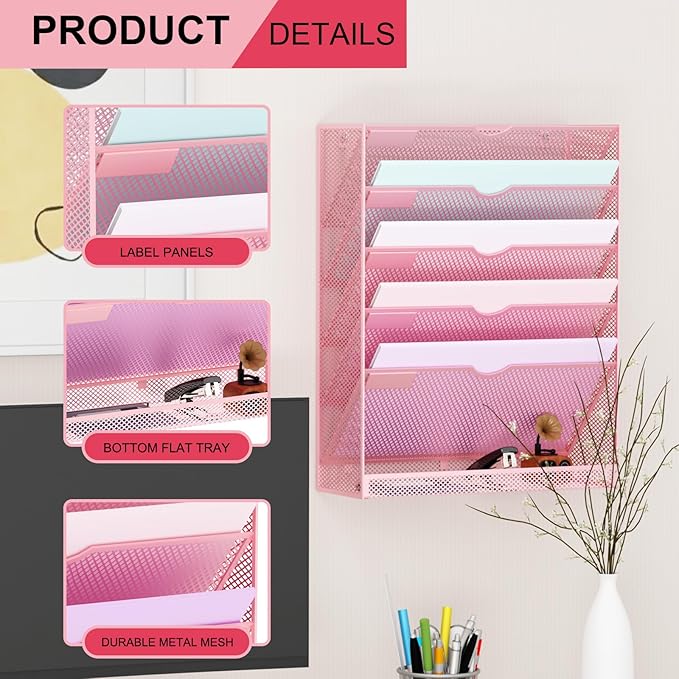 Hanging Wall File Organizer 6 Tier Wall Mounted Mail Paper Folder Holder Document Organization Stand, Vertical Desk Magazine Rack for Office Home Cubicle Countertop, Pink