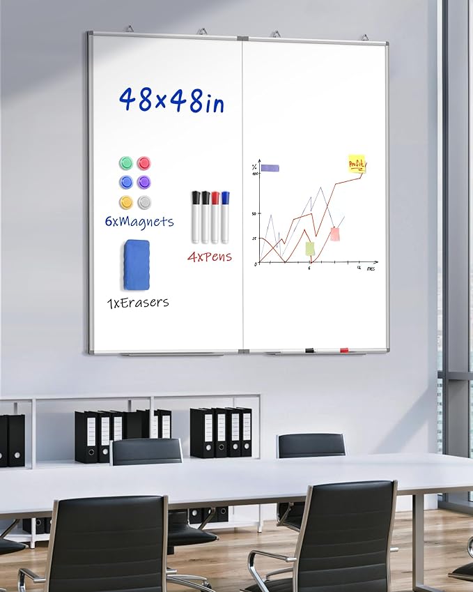 48"X 48" Large Magnetic Dry Erase Whiteboard, Removable Wall Hanging Board with 4 Pens & 1 Dry Erasers & 6 Magnets, Sliver Aluminum Frame White